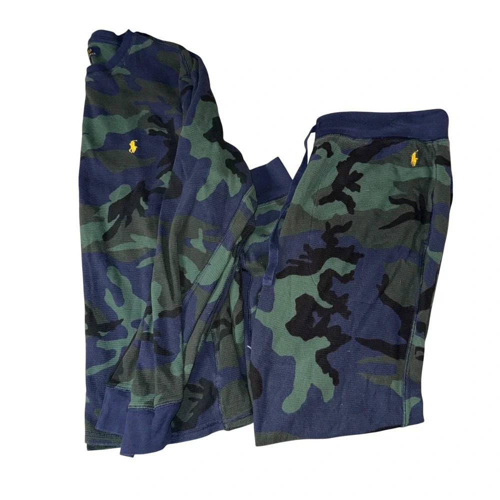 Polo Ralph Lauren Sleepwear Set XL Camo‎ Blue Green Thermal Waffle Knit 2pc